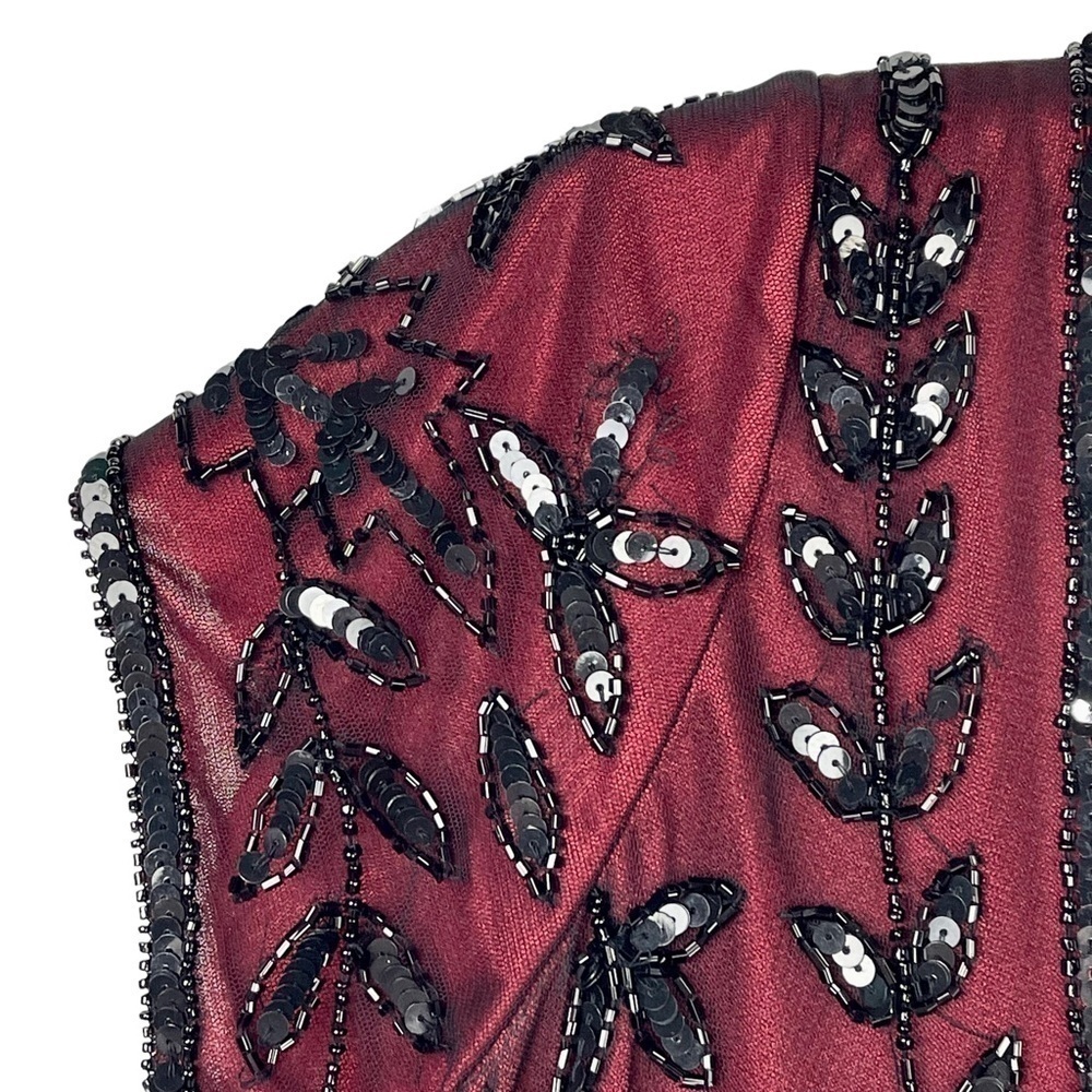 Pisarro Nights Burgundy Mini Dress with Black Sequin Appliqué - Picture 12 of 15